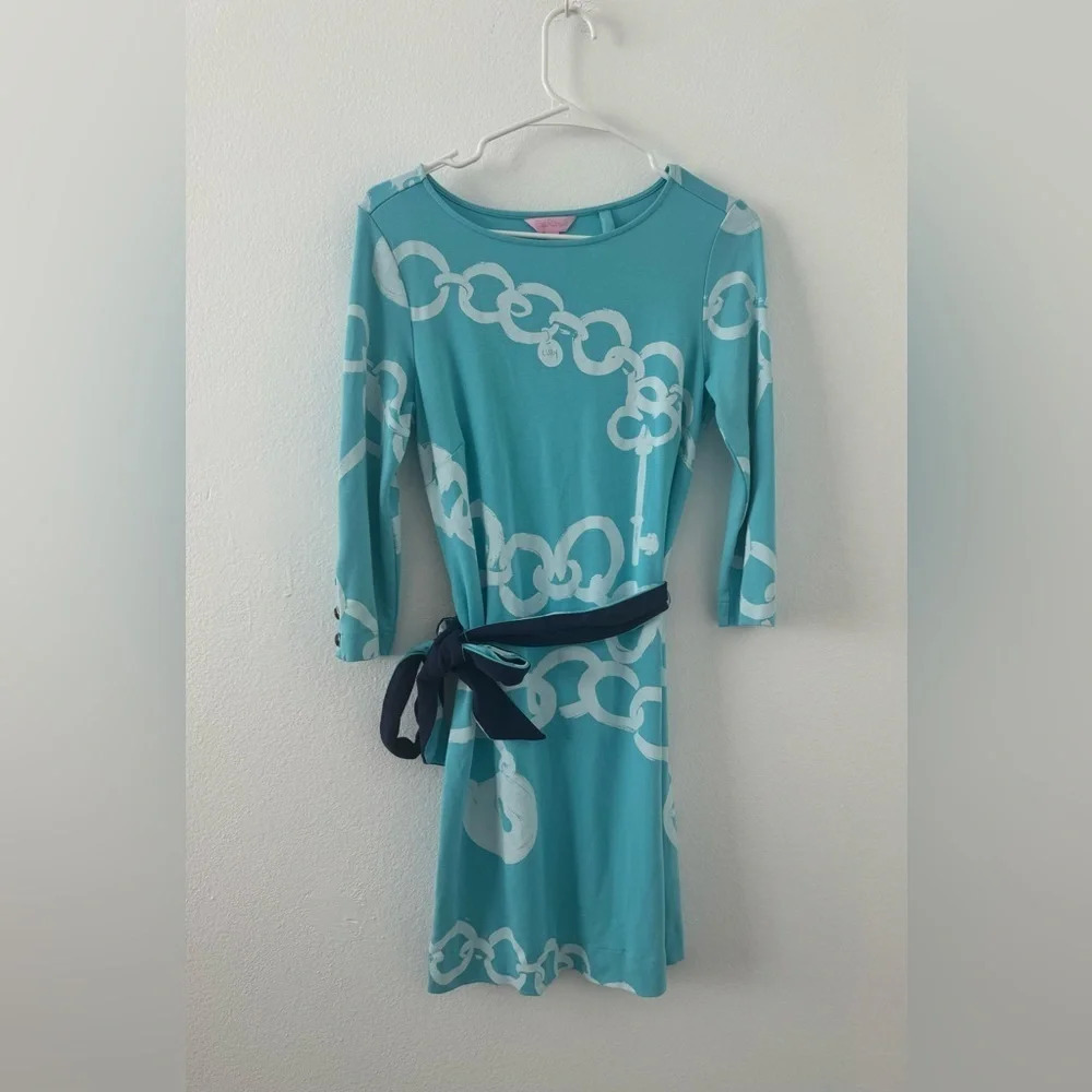 Lilly Pulitzer Jonah Shorely Blue Ball Chain Belted Tunic Dress Nautical Small